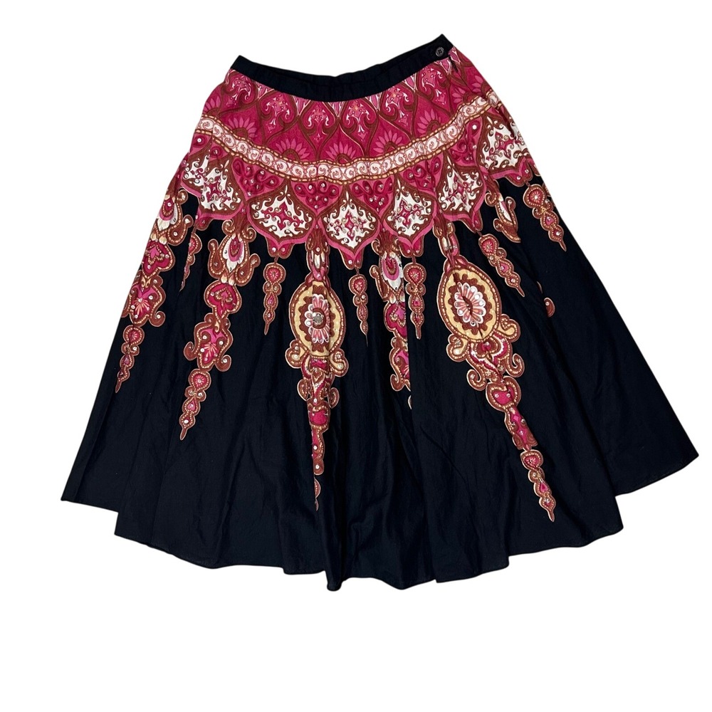 Y2K Boho Mandala Print Embellished Midi Skirt Black Pink Gold Flared Side Zip